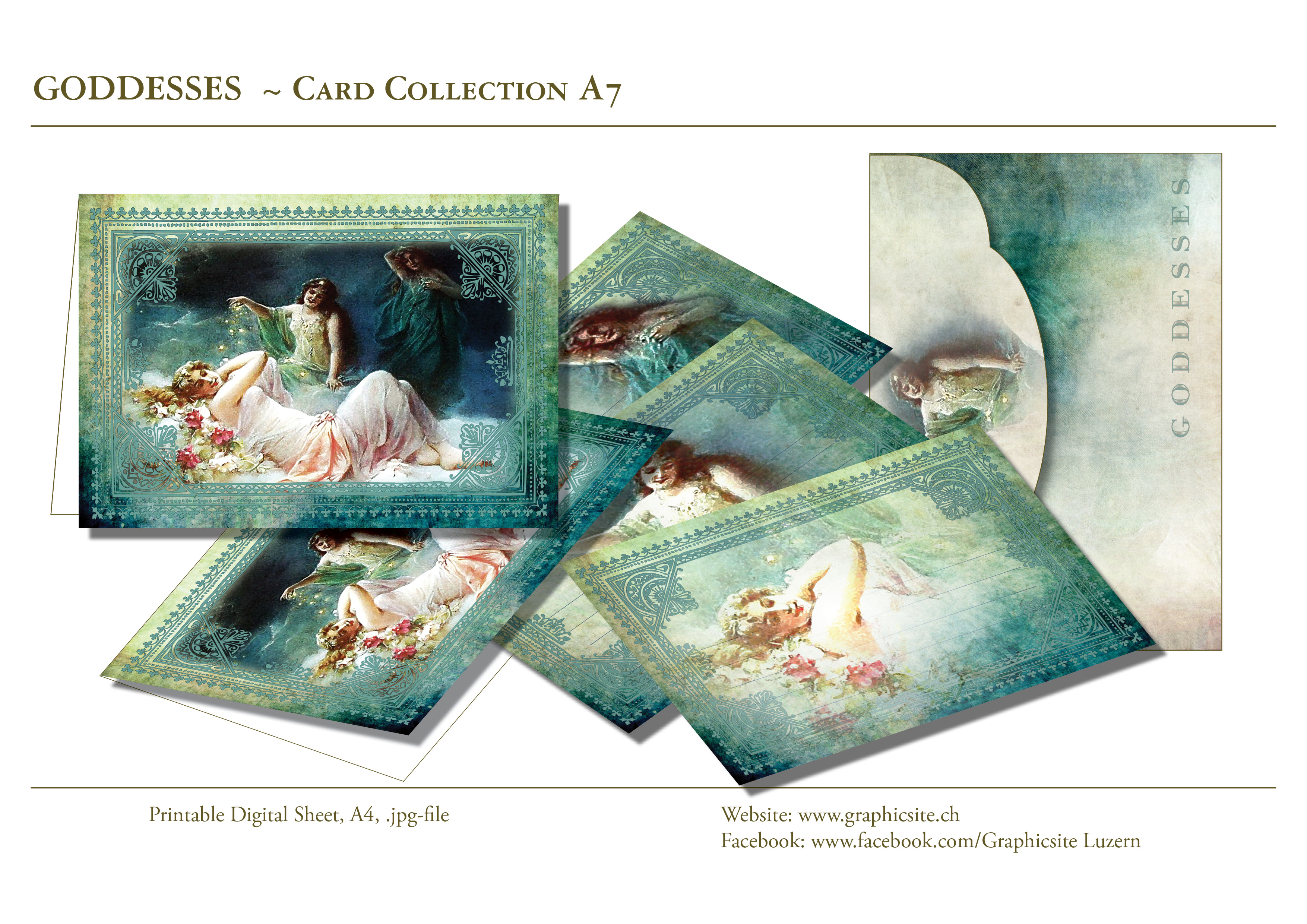 Printable Digital Sheets - Card Collection A7 - Goddesses - Vintage, Ornamental, Greeting Cards, Postcards, Envelop, Graphic Design Luzern, 